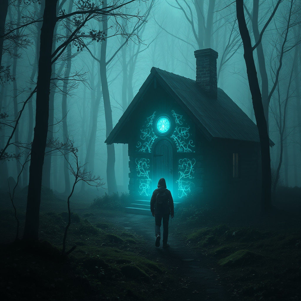 Eerie Cottage in Misty Woods with Ethereal Glow