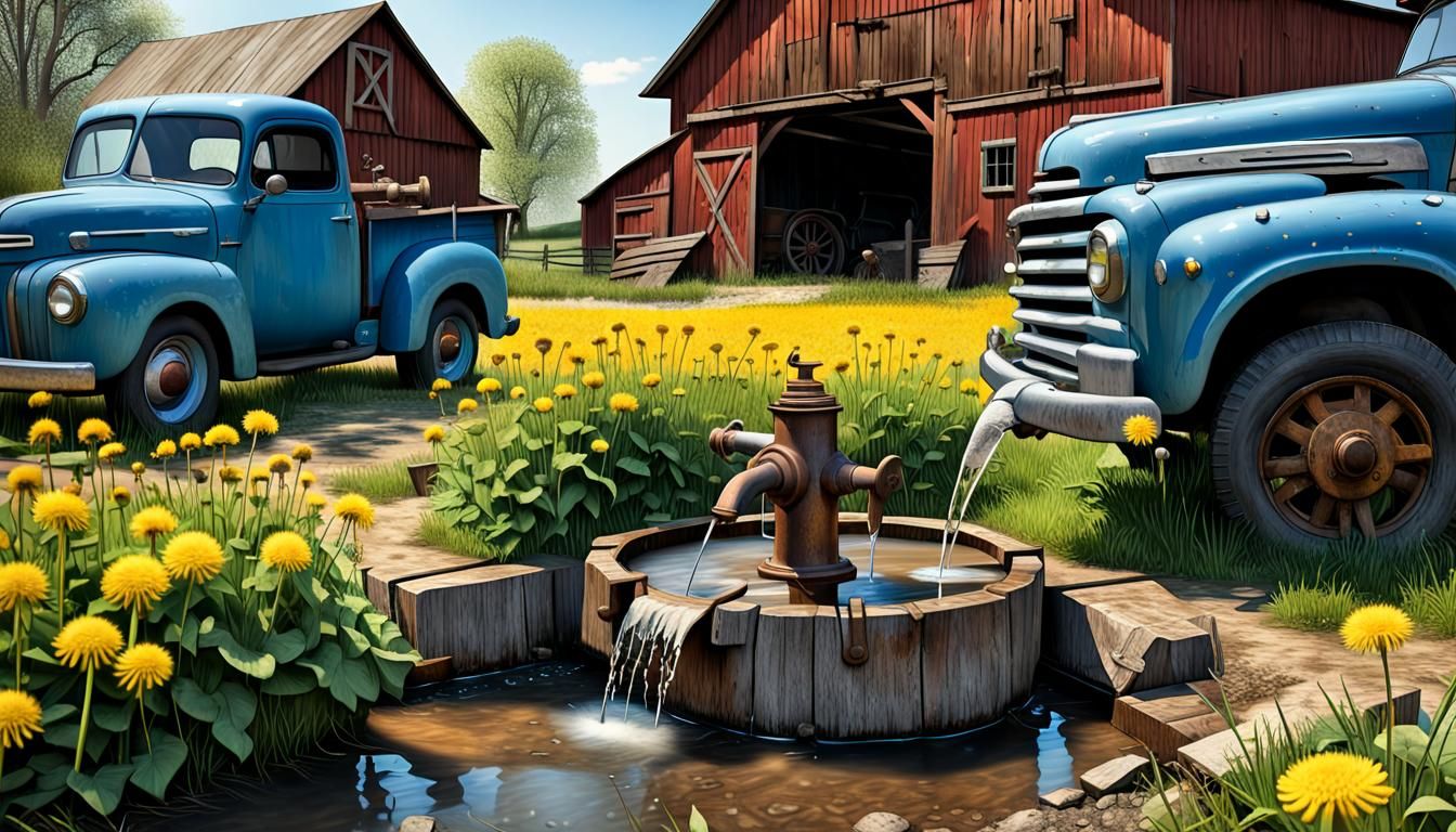 Old-Fashioned Water Pump with Truck in Gouache Style