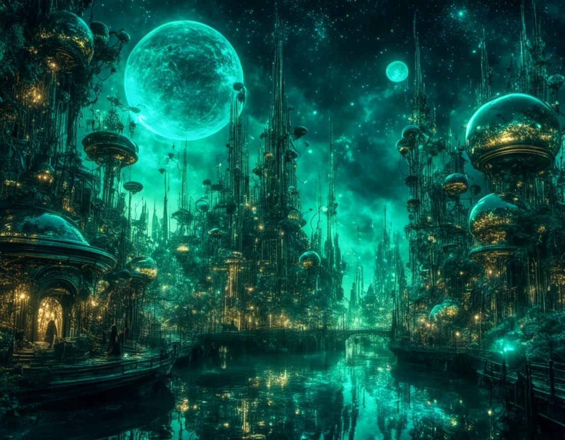 Alien Town on Auroracore Planet in Art Nouveau Style