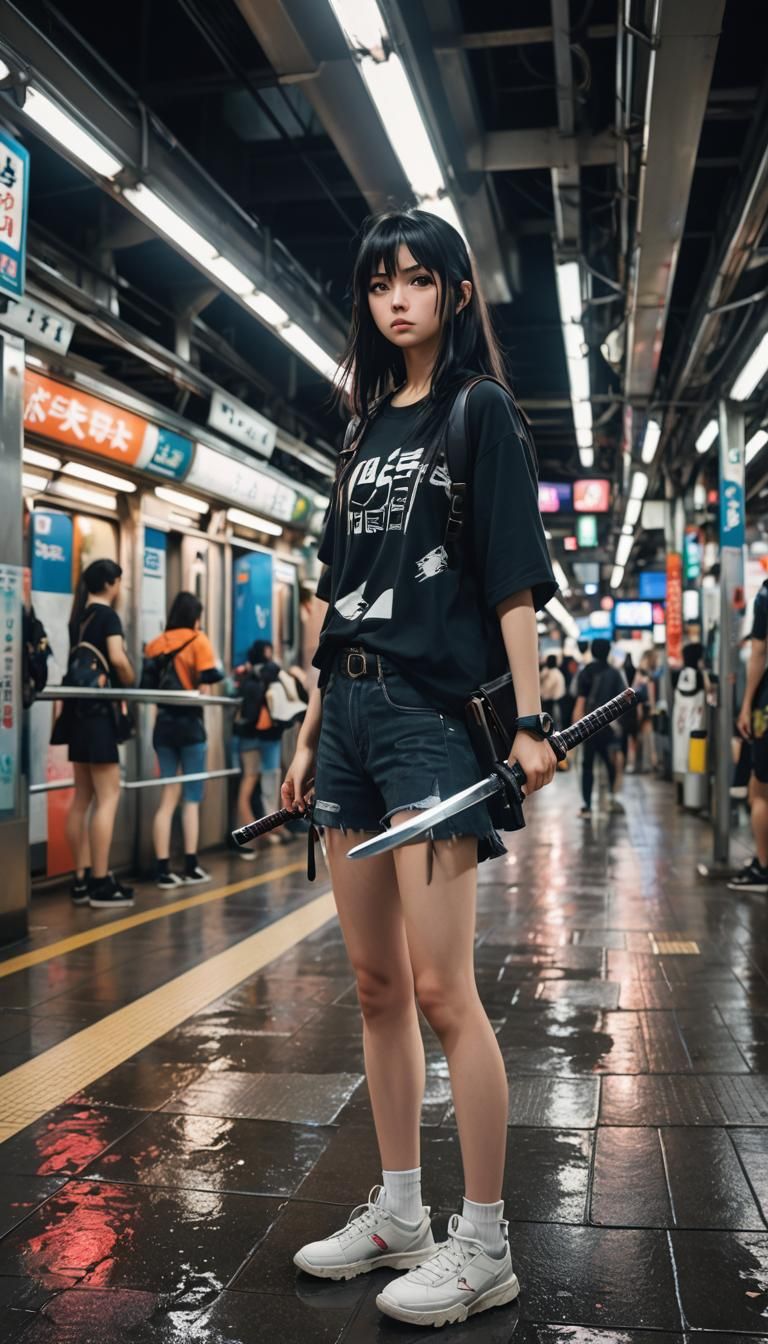 Anime Girl with Katana on Tokyo Subway