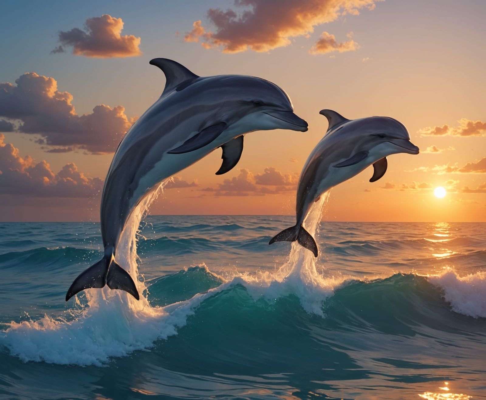 Dolphins leaping at sunset