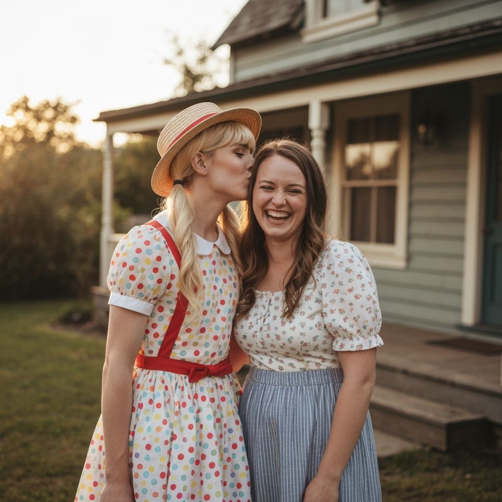 Crossdressing Young Man in Pollyanna Dress Outside Old House