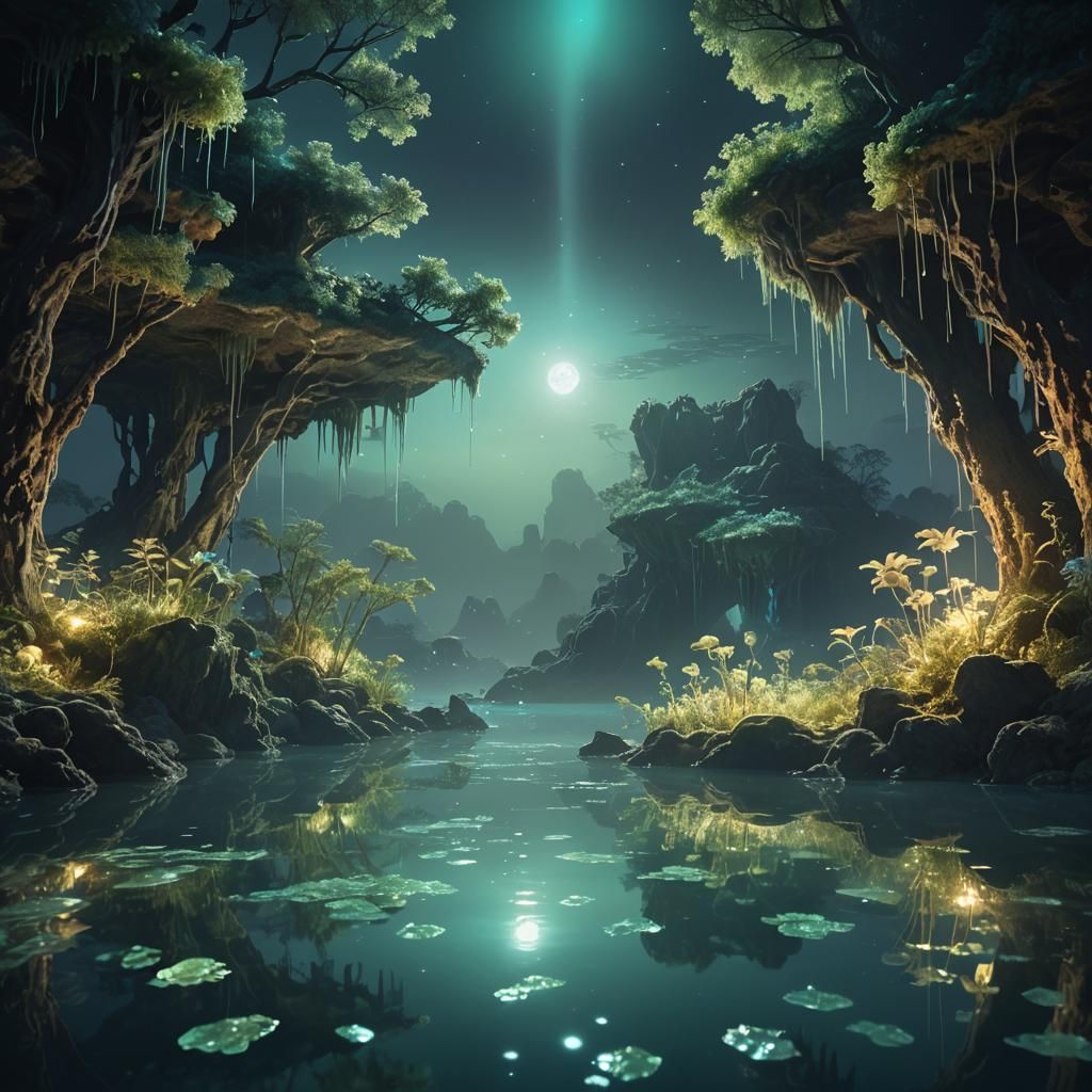 Ethereal Bioluminescent Oasis Under Starlight