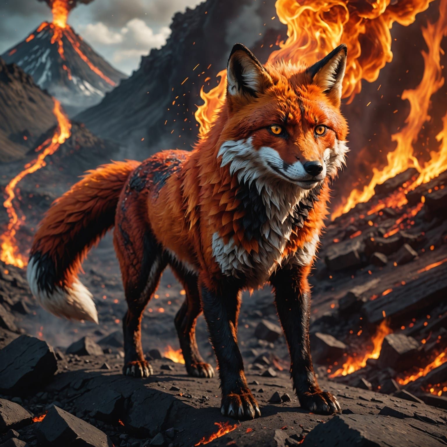 Majestic Fire Fox Walking Through Volcano: Digital Matte Pai...