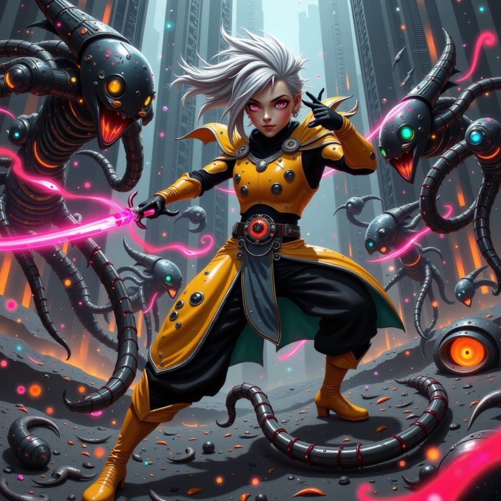 Cyberpunk Ninja Warrior Battles Biomechanical Monsters