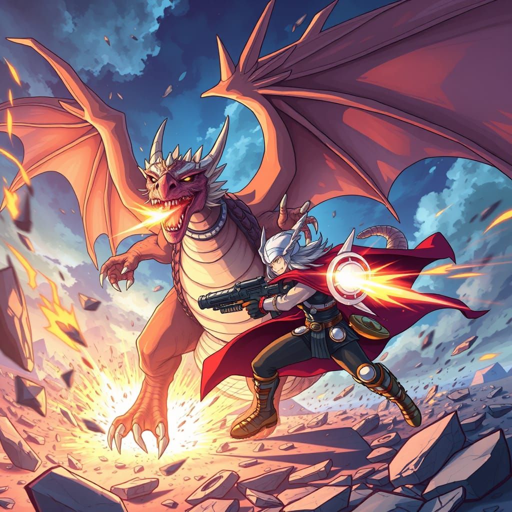 Thor Battles Anime-Style Dragon with Minigun
