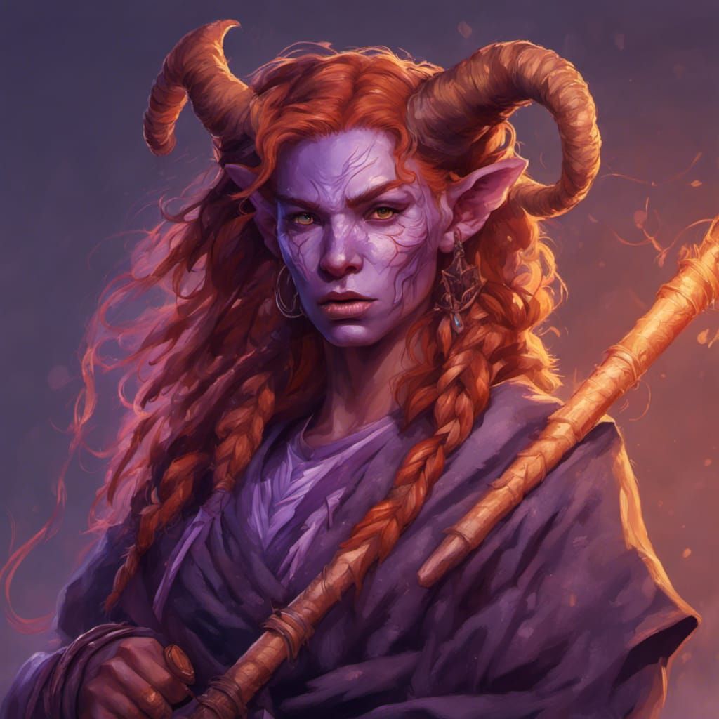 Hyperrealistic Tiefling Druid with Vibrant Hair and Staff