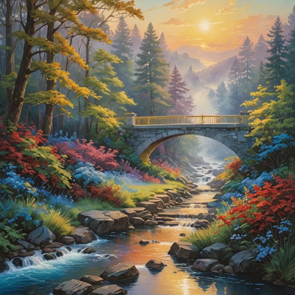 Crimson Forest with Blue Water: Impressionist Gouache Style