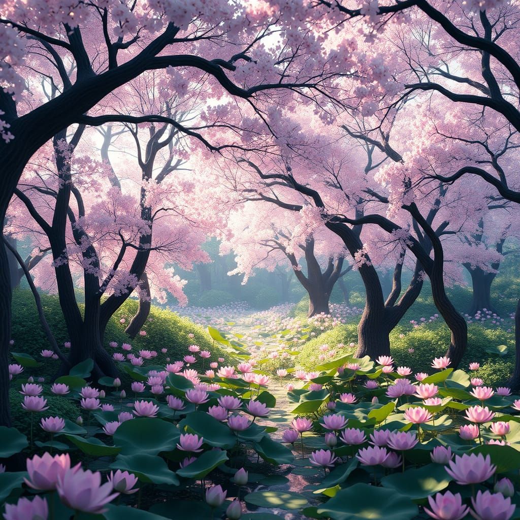 : hyper realistic Envision a hidden grove where lotus  beneath a canopy of cherry blossom trees, . Inspired by WLOP and ...