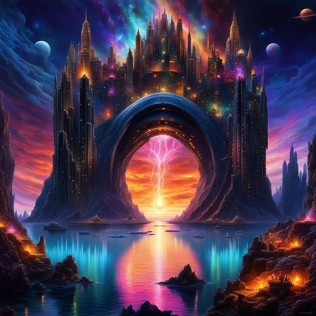 Underwater City in Psychedelic Black Light Art Style