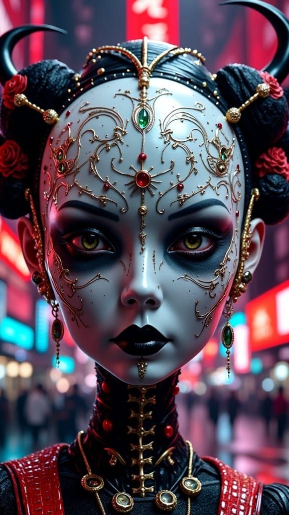 Cyberpunk Porcelain Robot Face with Kabuki-Inspired Design i...