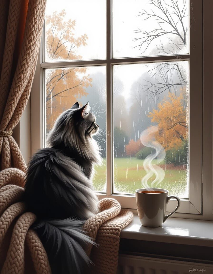 Cat Watching November Rain in Painterly Style