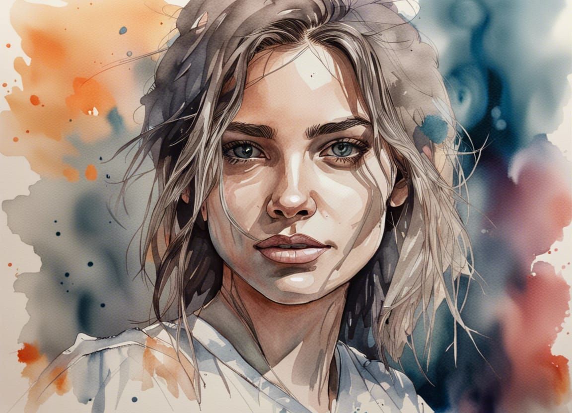 Hyperrealistic Young Woman's Face in Watercolor Style