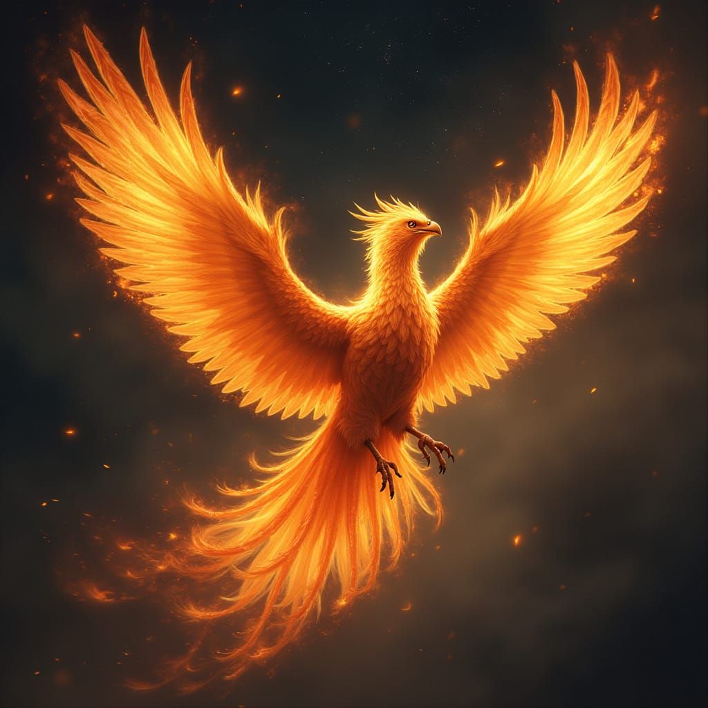 Flaming Phoenix Soaring Through Starry Night Sky