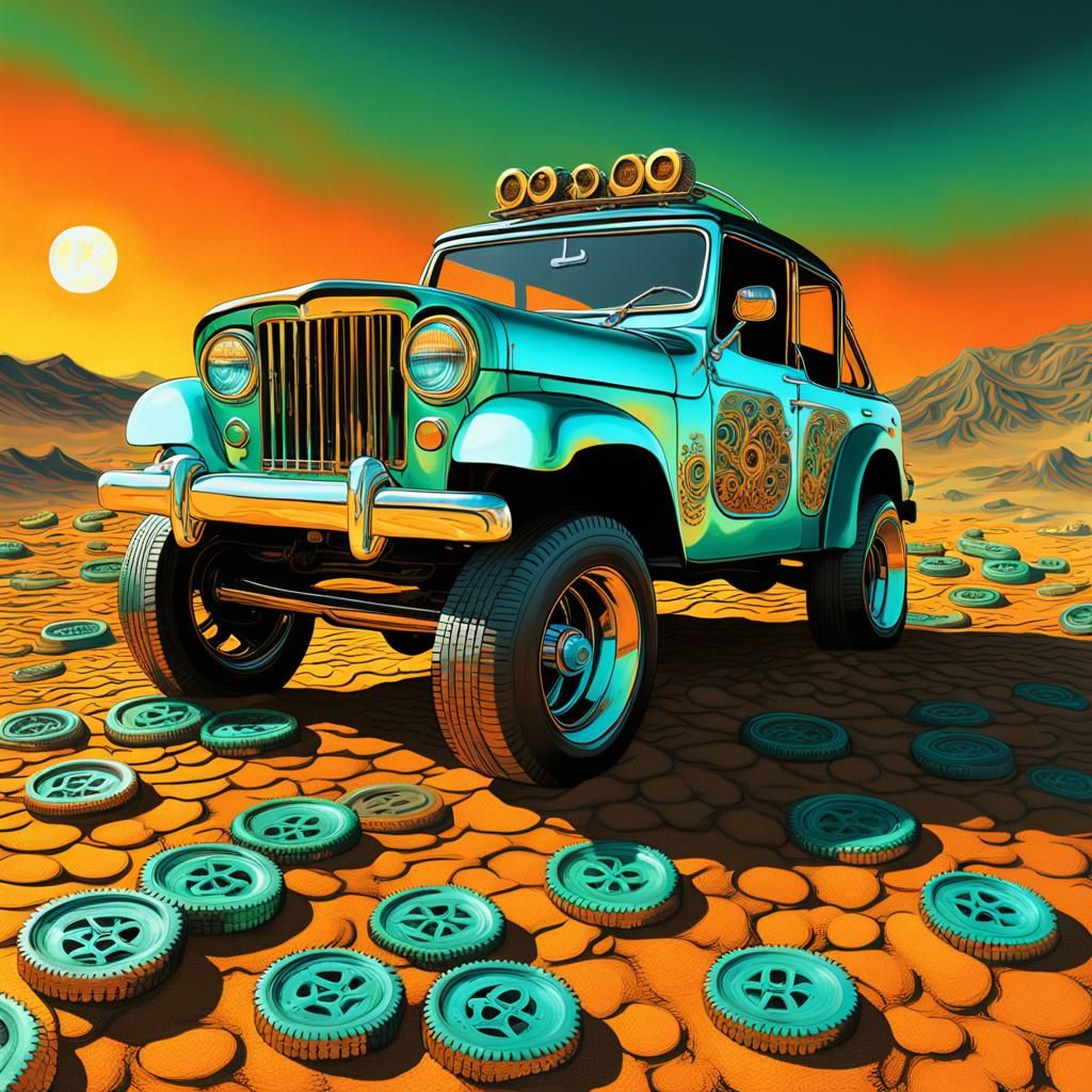 3D huge Day of the Dead 1969 CJ7 huge tires gears chrome gol...