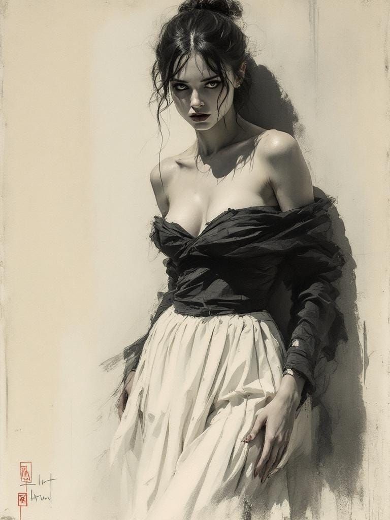 Figure in White Skirt: Charcoal and Pastel Sketch