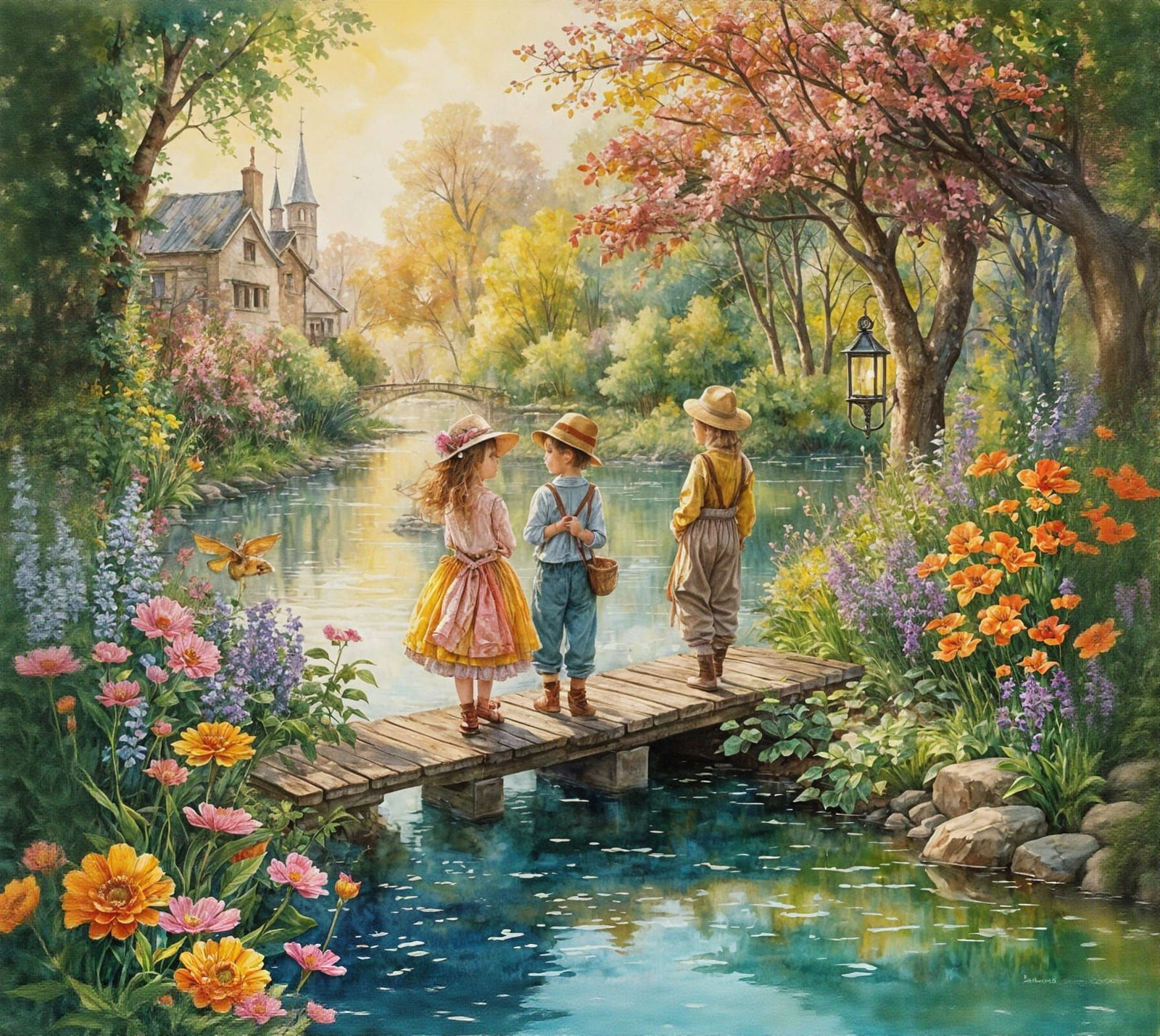 Children Fishing: Watercolor Patchwork Shabby Chic Art