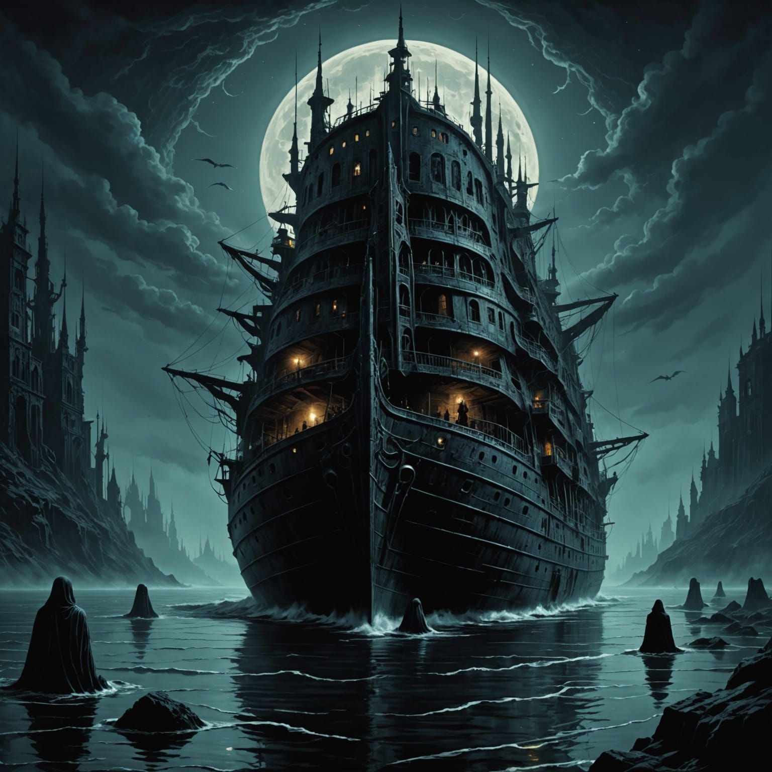 Ghost Ship on Dark Surreal Night