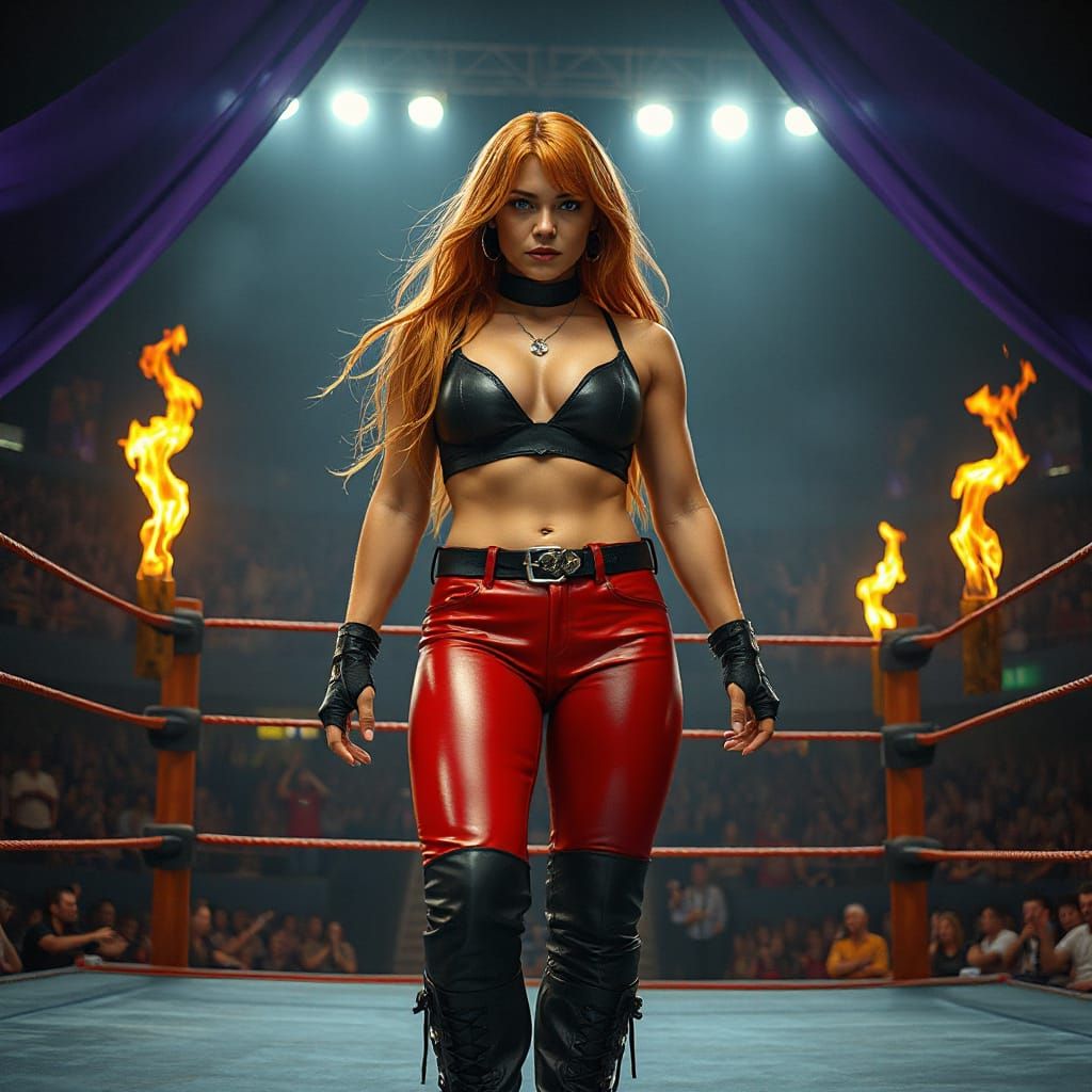Fiery Female Wrestler in Dark Fantasy Arena