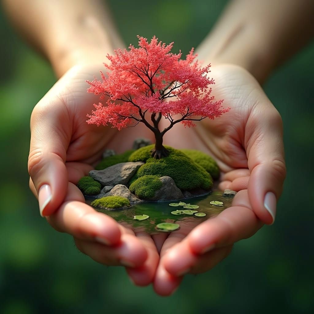 Buddhist Hands Cradle Serene Japanese Garden