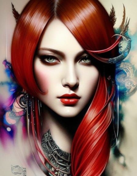 Neovictorian Japanese Woman Portrait with Tattoos