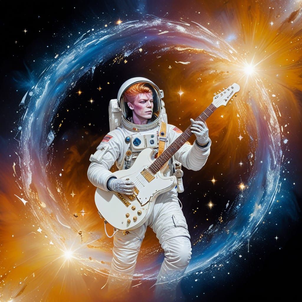 Astronaut David Bowie Plays Guitar in Cosmic Space Scene