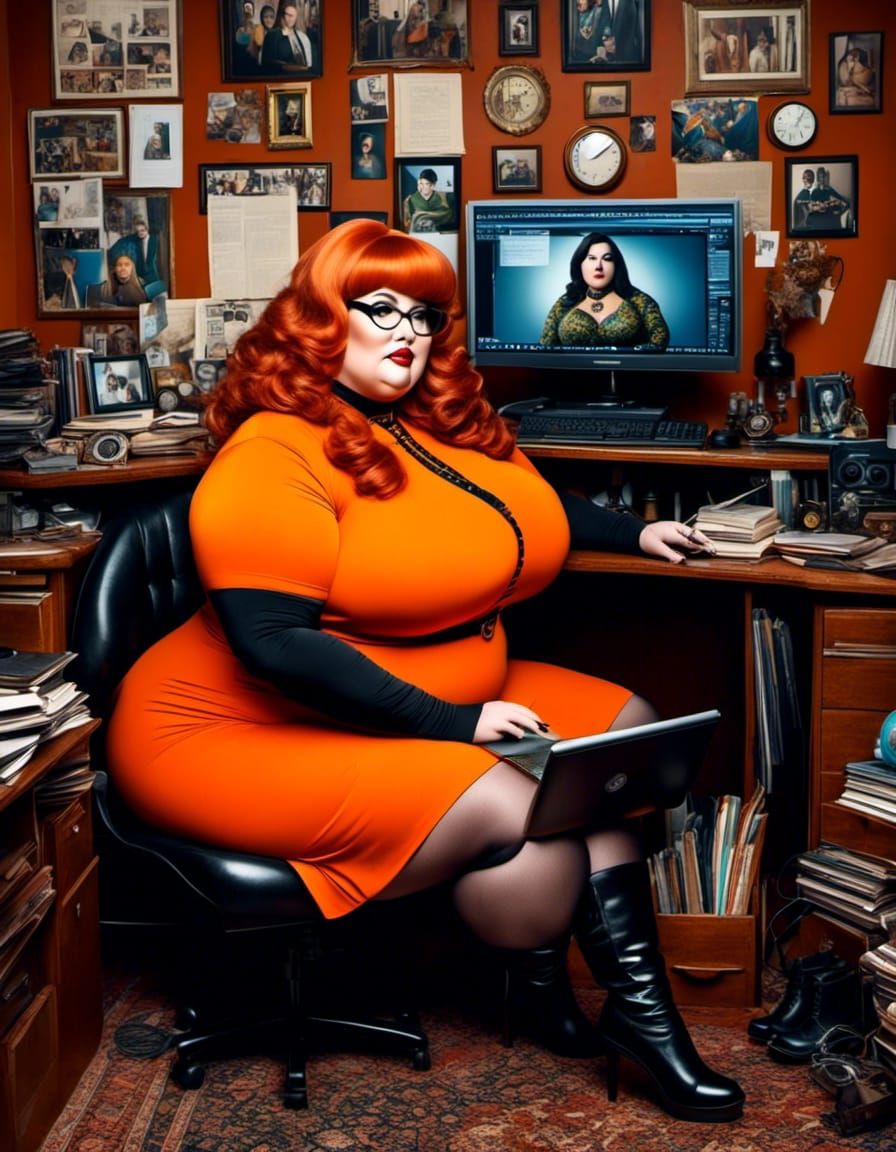 Hyperrealistic Portrait of Curvy Velma Working on Laptop