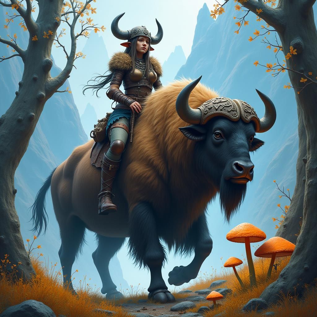 Dwarf Rides Bison in Mystical Landscape