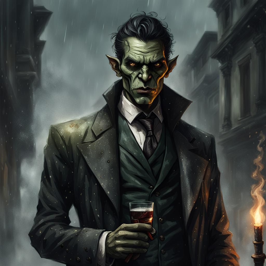 Half-Orc Detective in Dark Fantasy Gothic Style