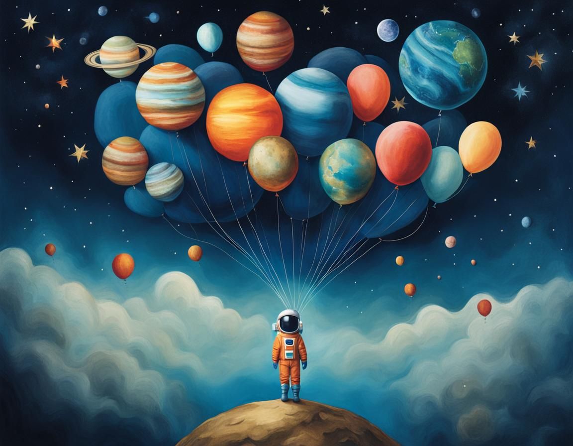 Astronaut with Planet Balloons in Whimsical Style