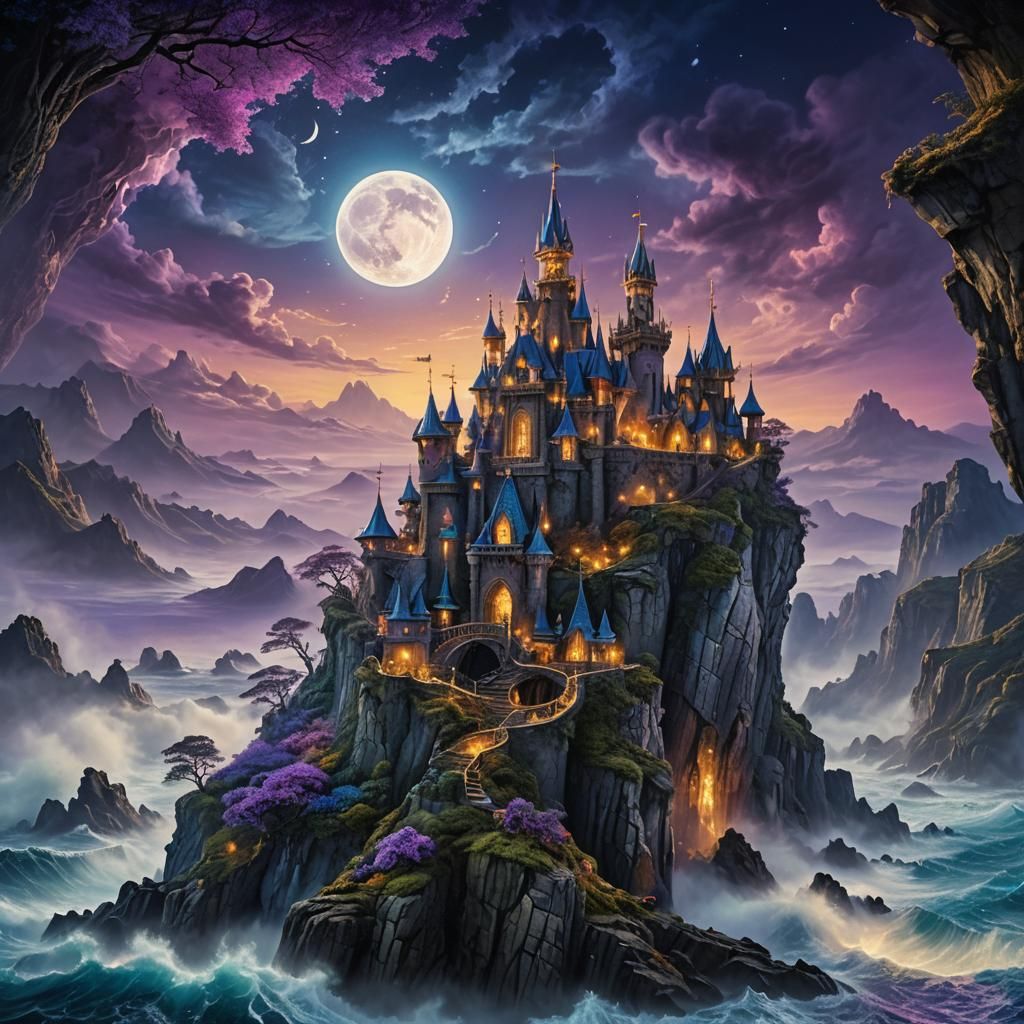 Moonlit Castle Seascape: A Fusion of Fantasy Art