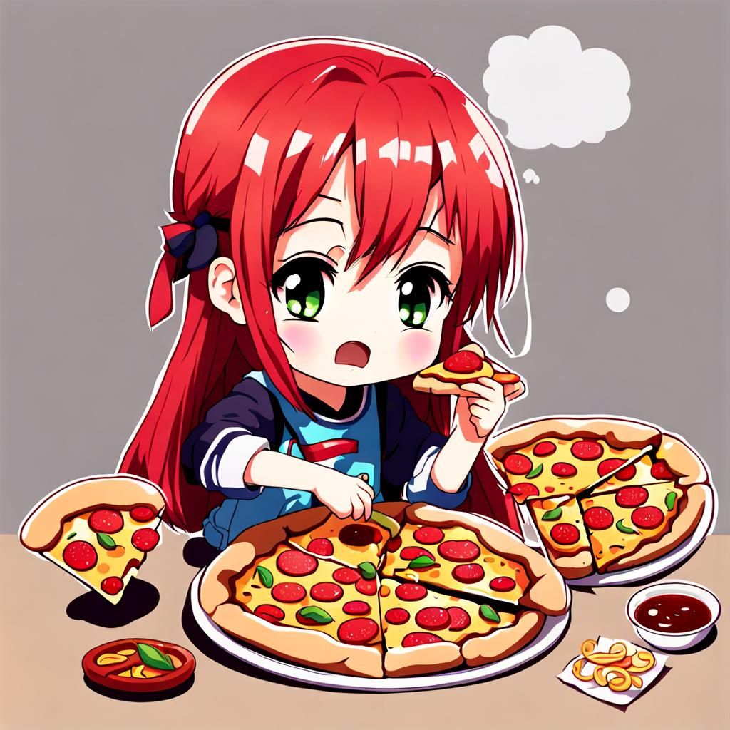 Anime Redhead Girl Eating Pizza in Chibi Style
