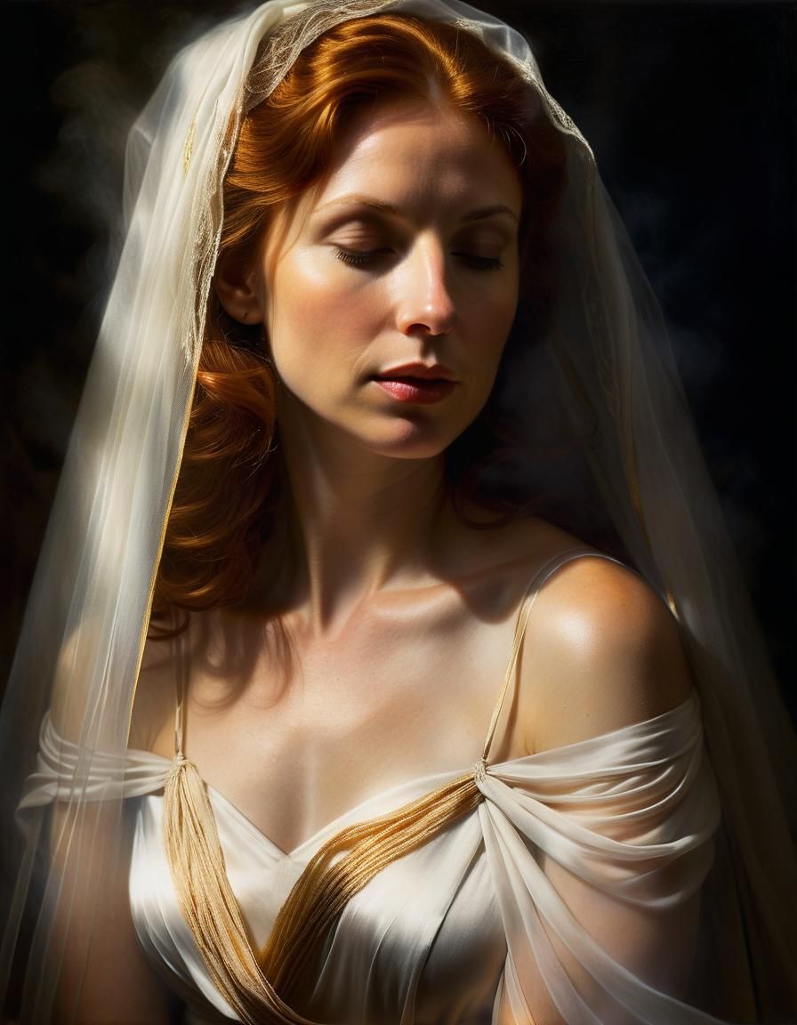 Auburn-Haired Woman in Chapel: Chiaroscuro Oil Painting