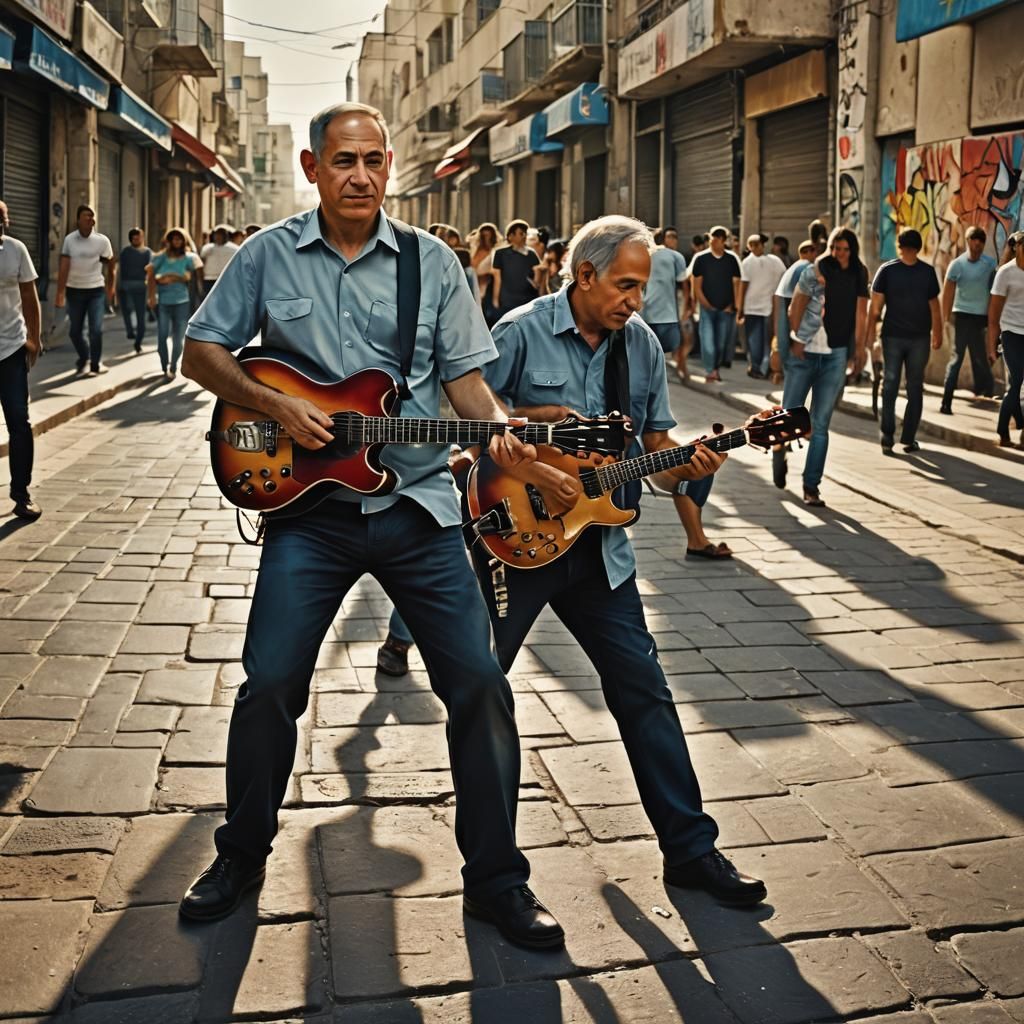 Netanyahu Plays Guitar in Contemporary Israeli Street Scene