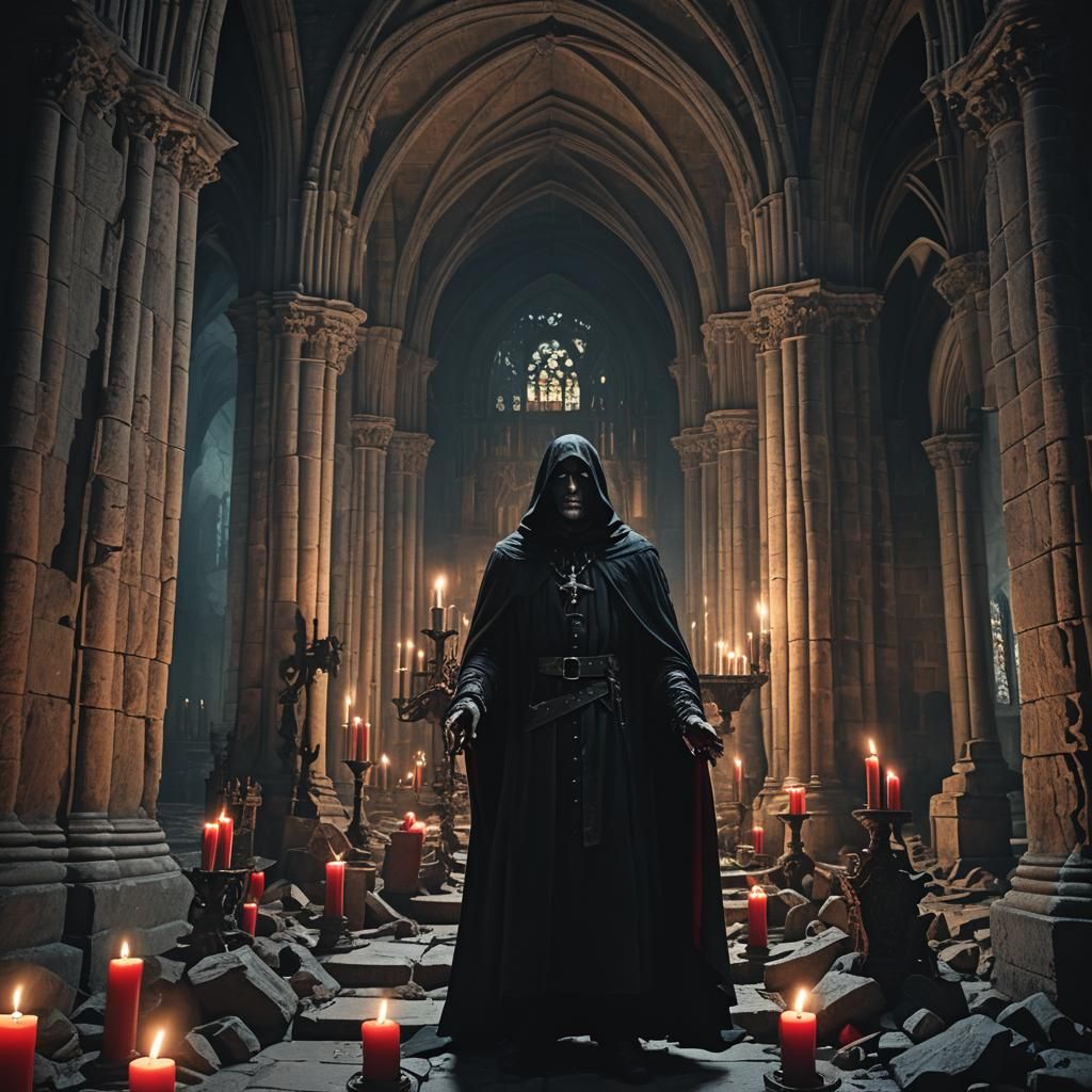 Dark Figure Wielding Magic in Gothic Cathedral