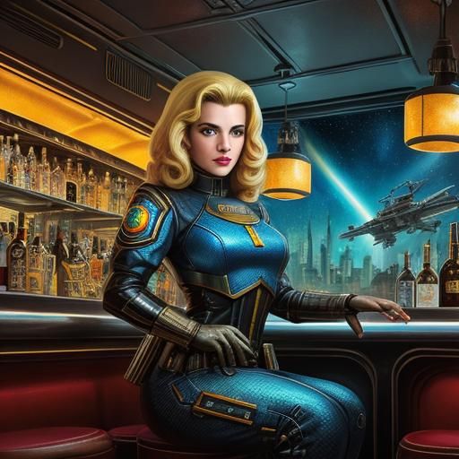 Retrofuturistic Bar Scene with Blonde Soldier