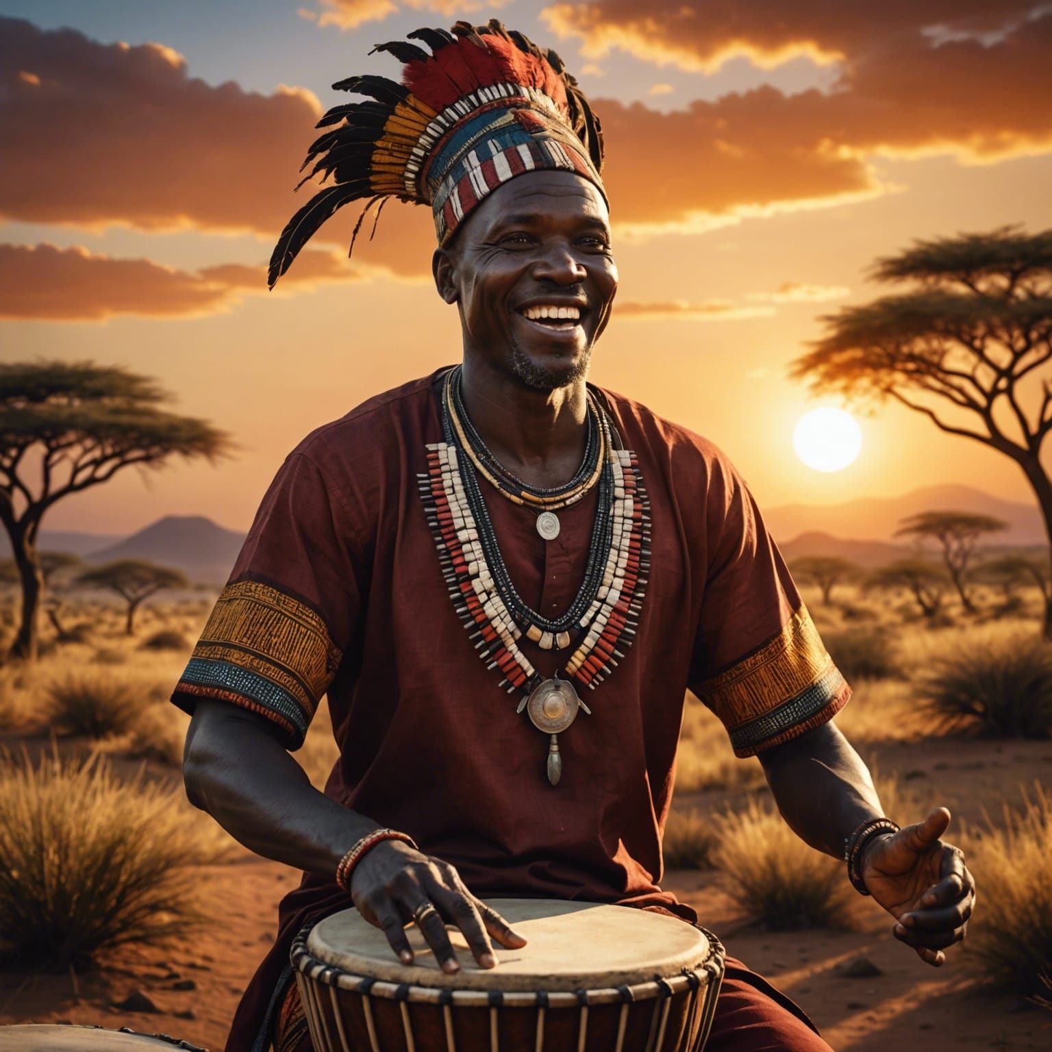 Joyful Kenyan Man with Drum at Serengeti Sunset