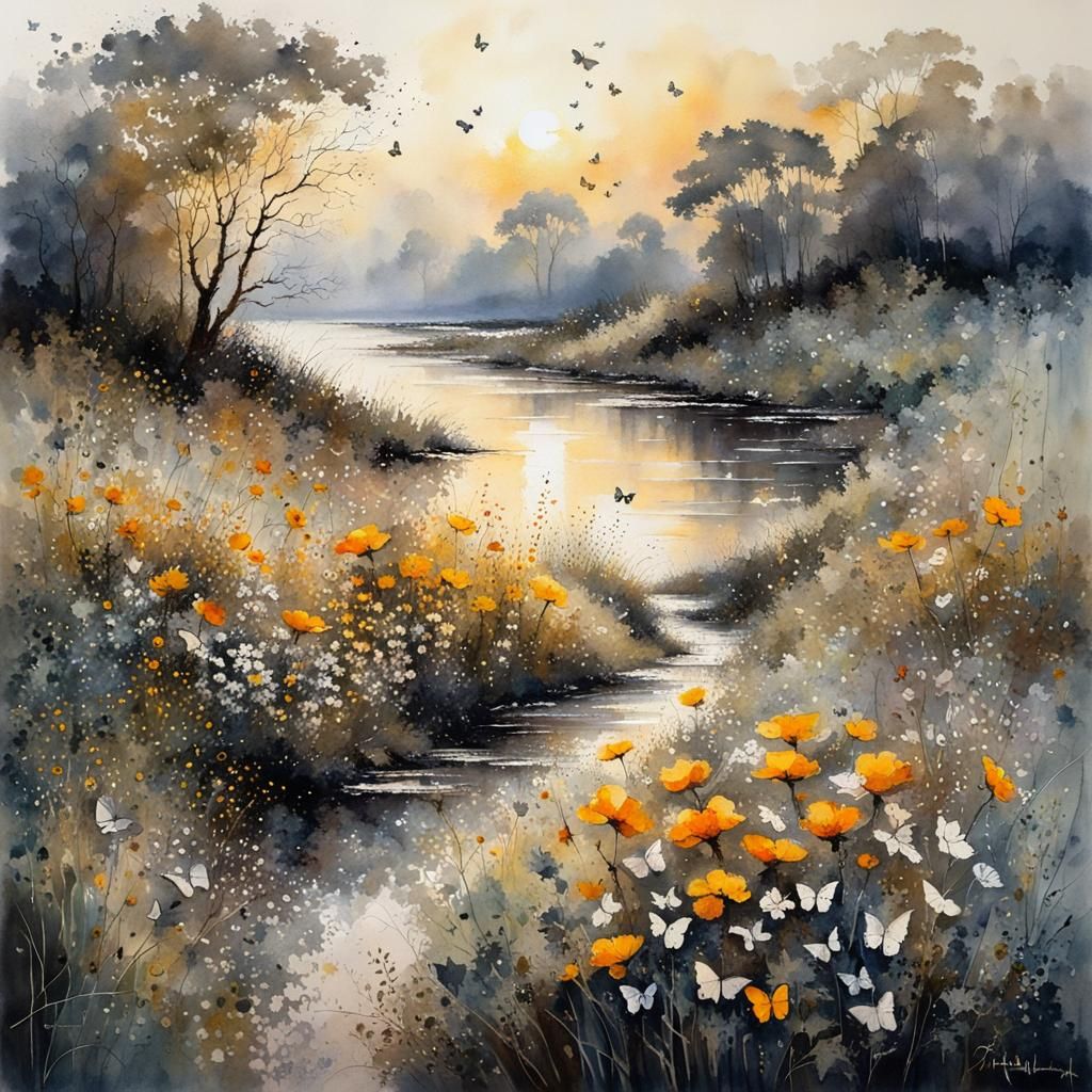 Floral Morning Scene with Coffee and Butterflies