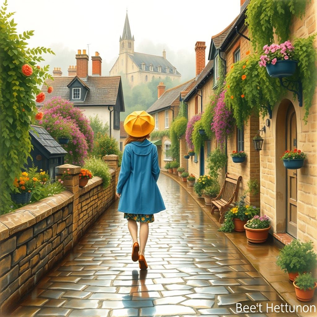 Rainy Street Scene in Whimsical Watercolour Style