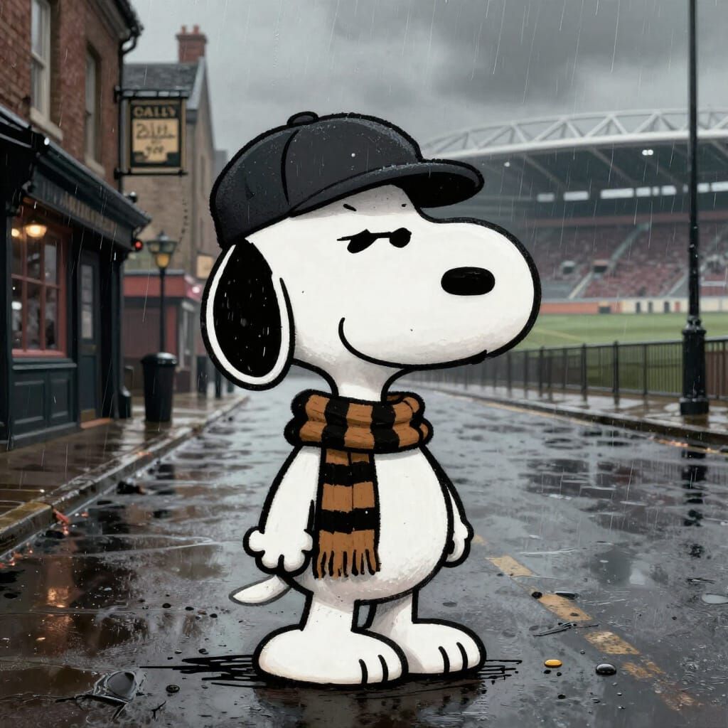 Snoopy as a Gritty Football Hooligan in Urban Realism Style