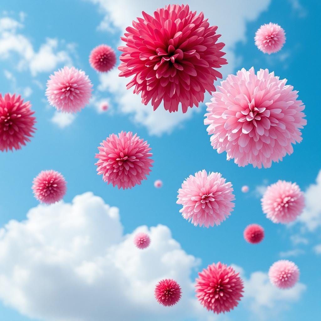 Colourful Pom Poms Floating in a Blue Sky
