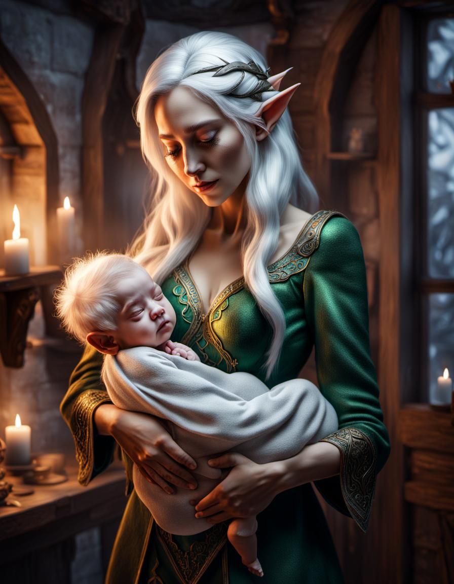 Exhausted Elf Mother with Newborn Child