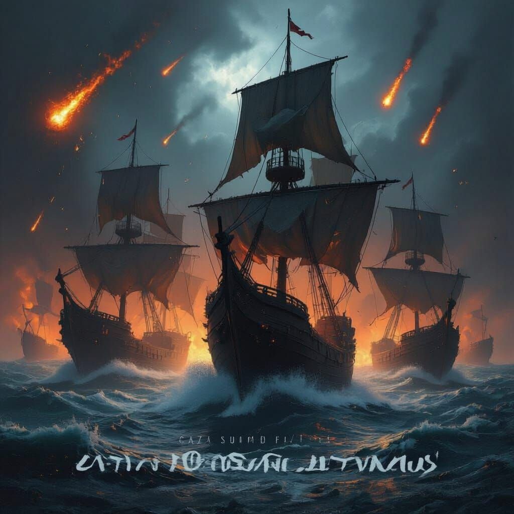 Death Metal Album Cover: Ships Fleeing Fiery Sky Attack