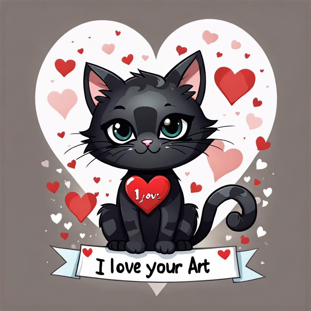 Cute Chibi Black Cat with I LOVE YOUR ART Sign