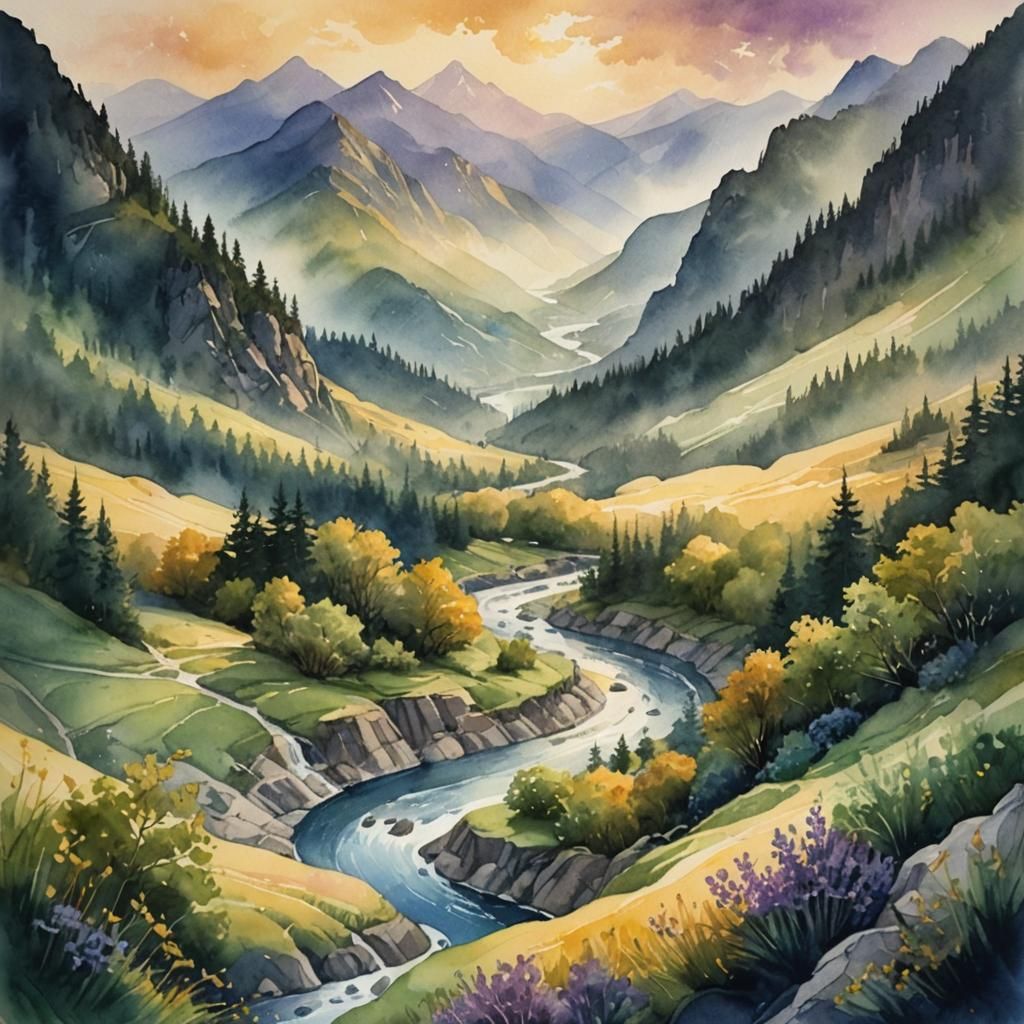 Watercolor River Valley: A Romantic Landscape
