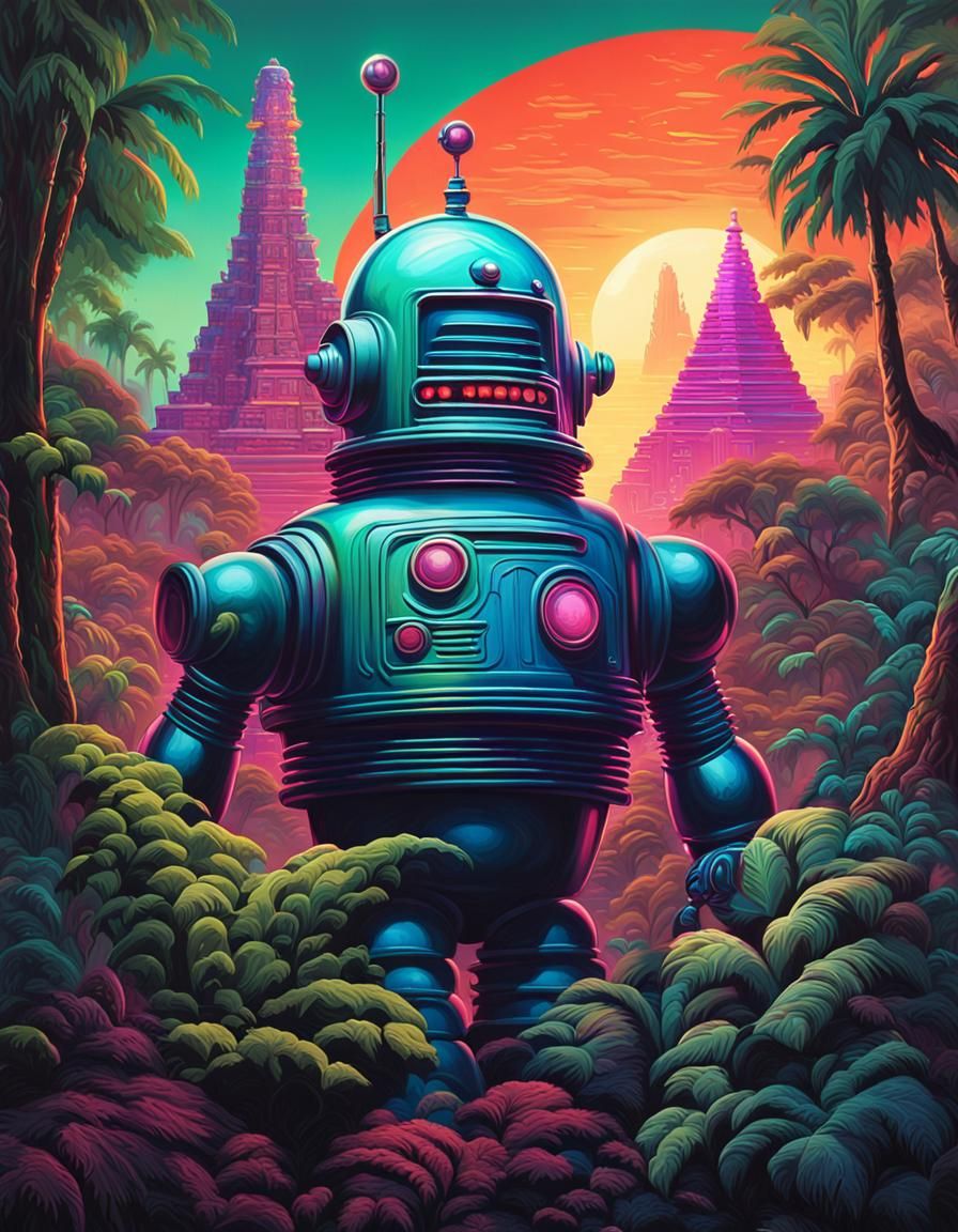 Robby the Robot in a Verdant Mayan Jungle