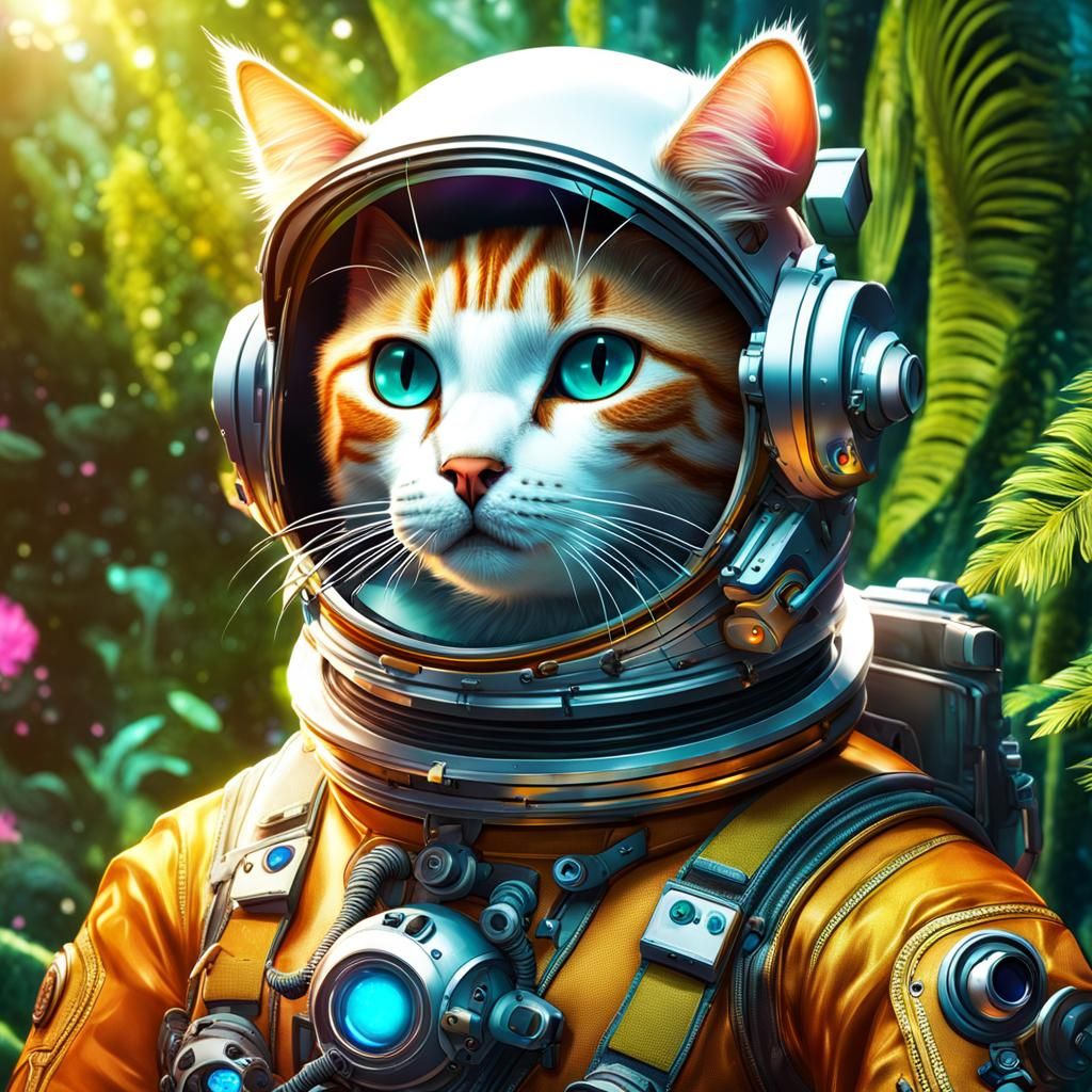 Solarpunk Cat Astronaut in Sideral Jungle