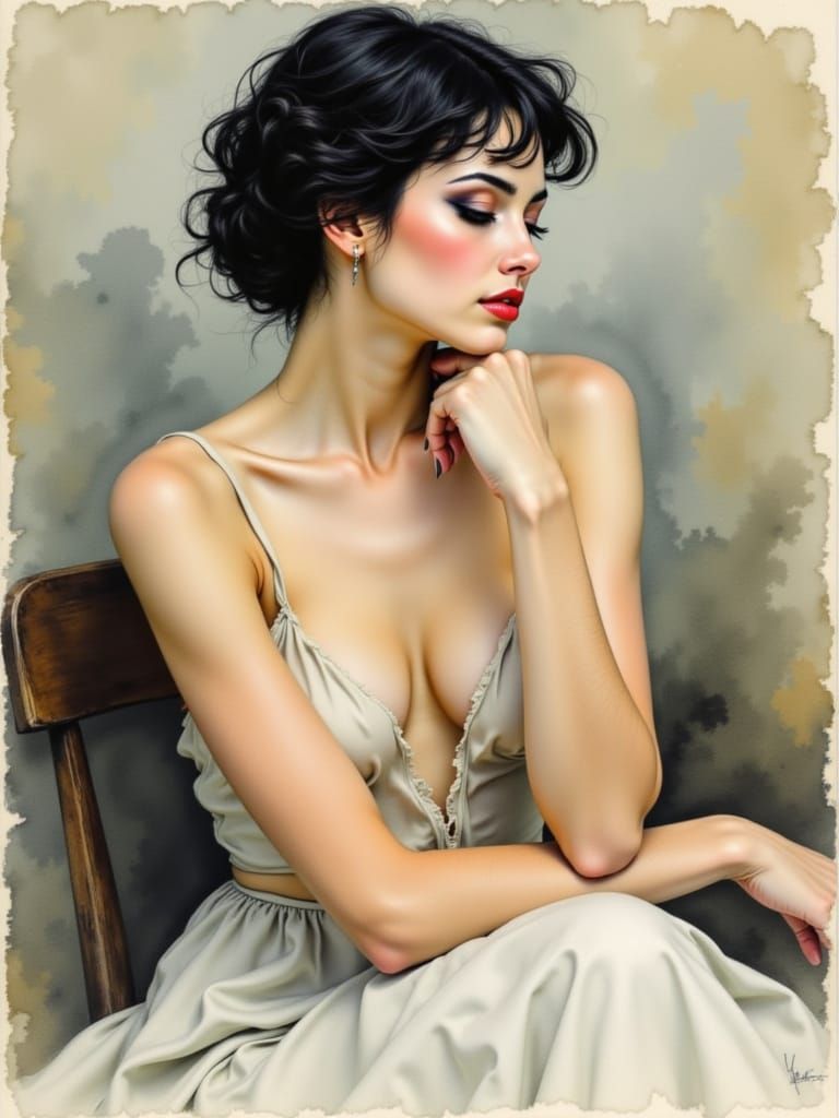 Dreamlike Portrait of a Sensuous Woman in a Delicate Slip Dr...