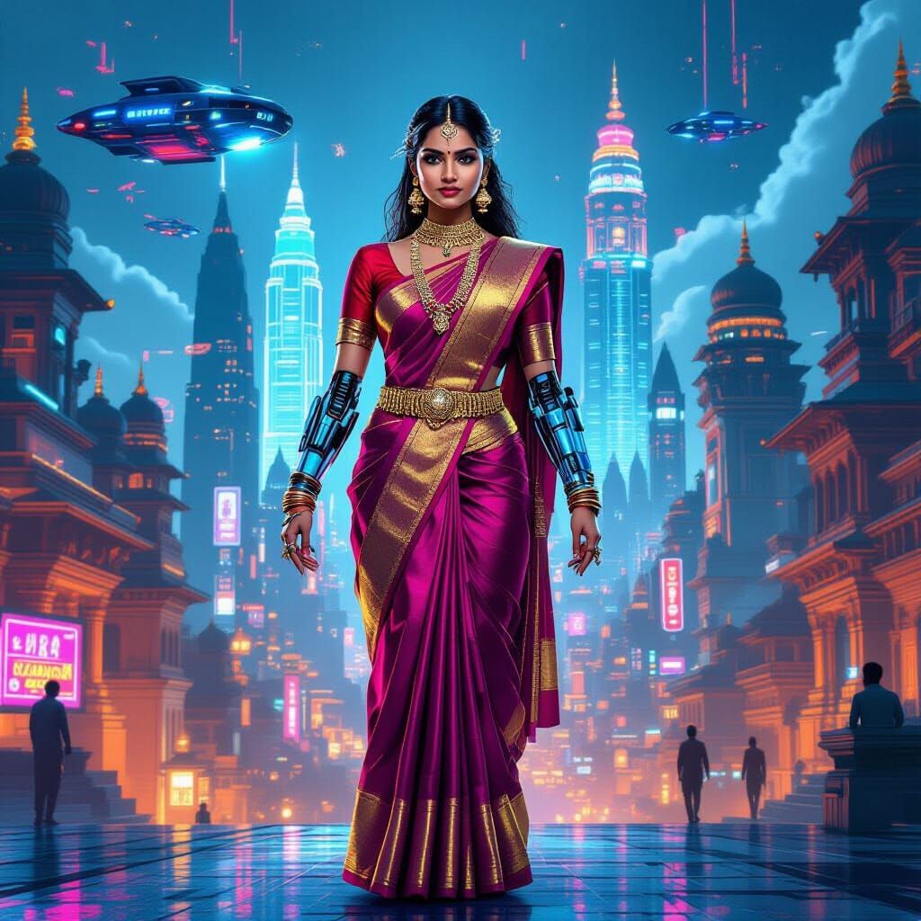 Futuristic Indian Cityscape with Cybernetic Woman