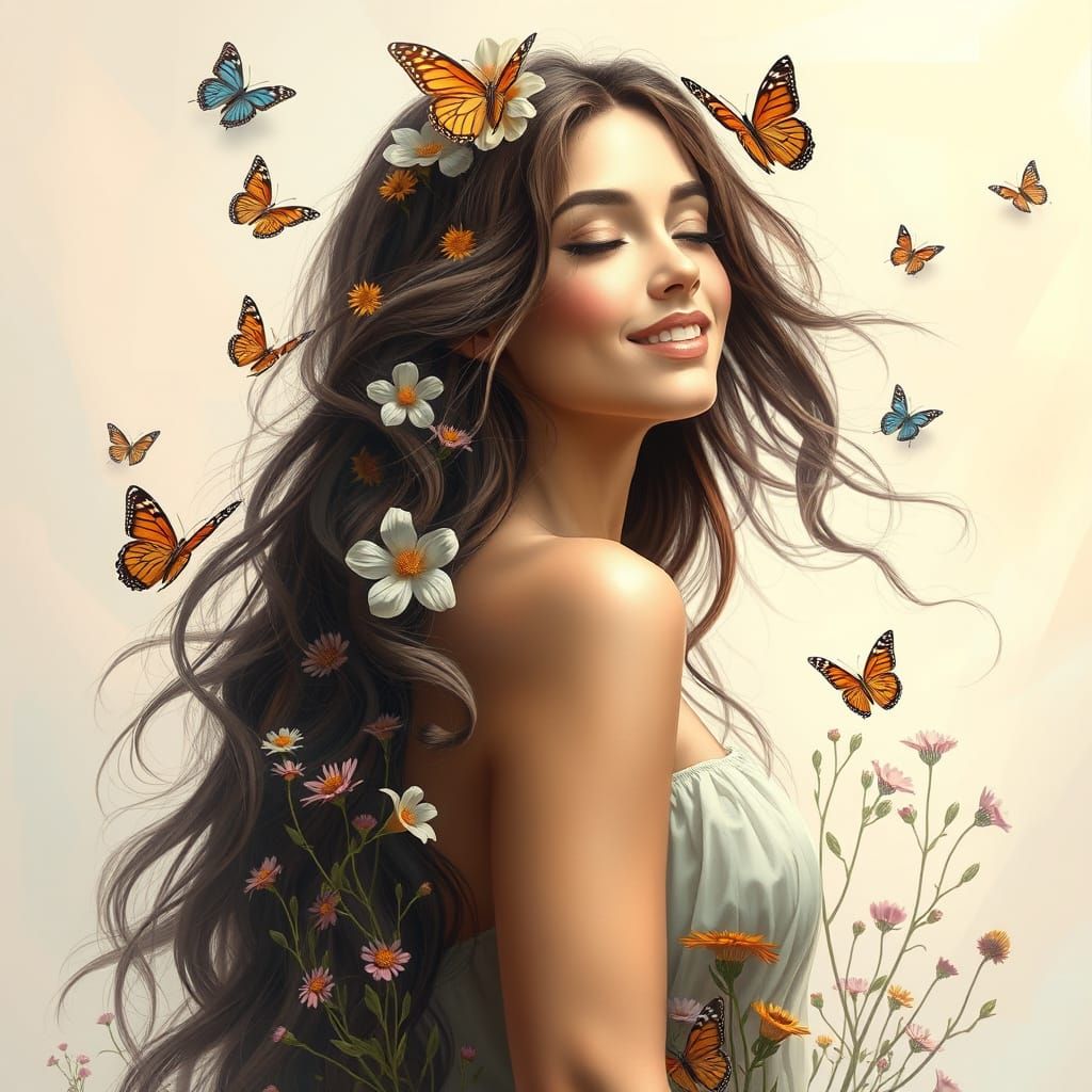 Woman with Flowers and Butterflies in Hyperrealism